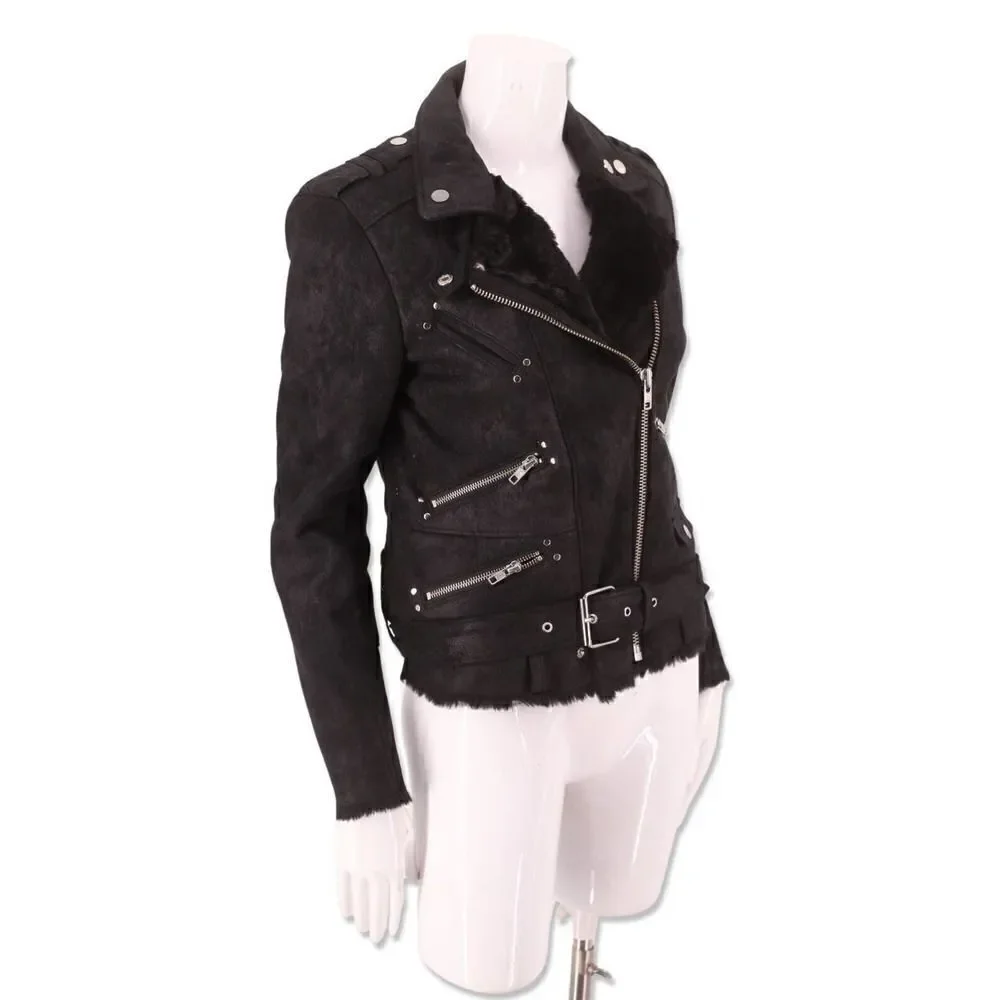 The Kooples black faux suede moto biker fur lined jacket vegan leather S - Picture 5 of 9